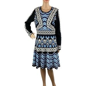 Eliza J Jacquard Fit & Flare Sweater Dress Size L Blue Geo Print